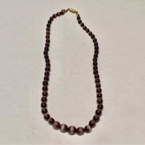 Dark Purple Cat’s Eye Stone Smooth Round Beaded Necklace Gold Barrel Clasp 17”